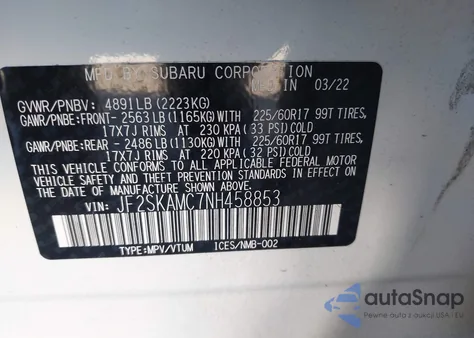 2022 Subaru Forester Wilderness z USA, uszkodzony, nr VIN JF2SKAMC7NH458853